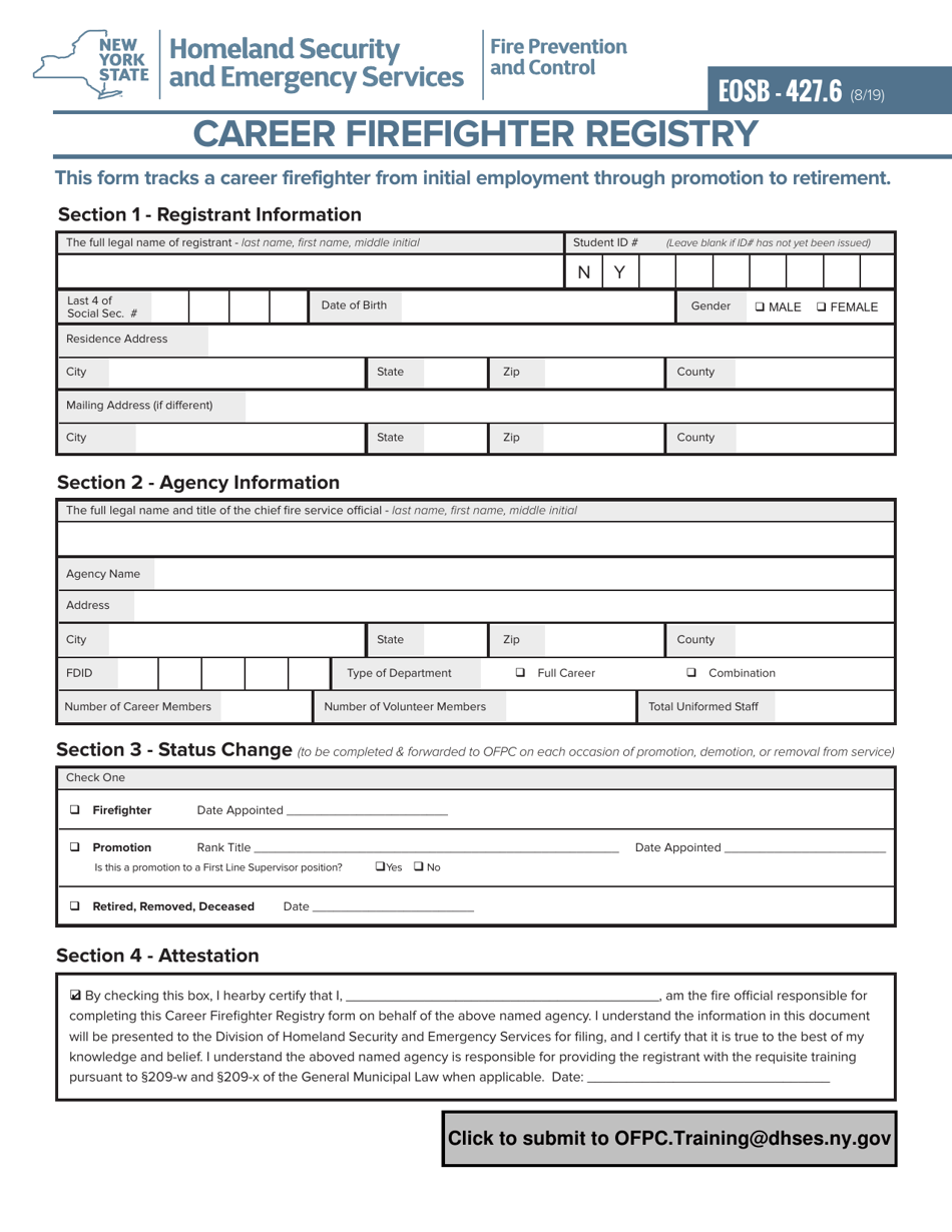 Form EOSB-427.6 Career Firefighter Registry - New York, Page 1