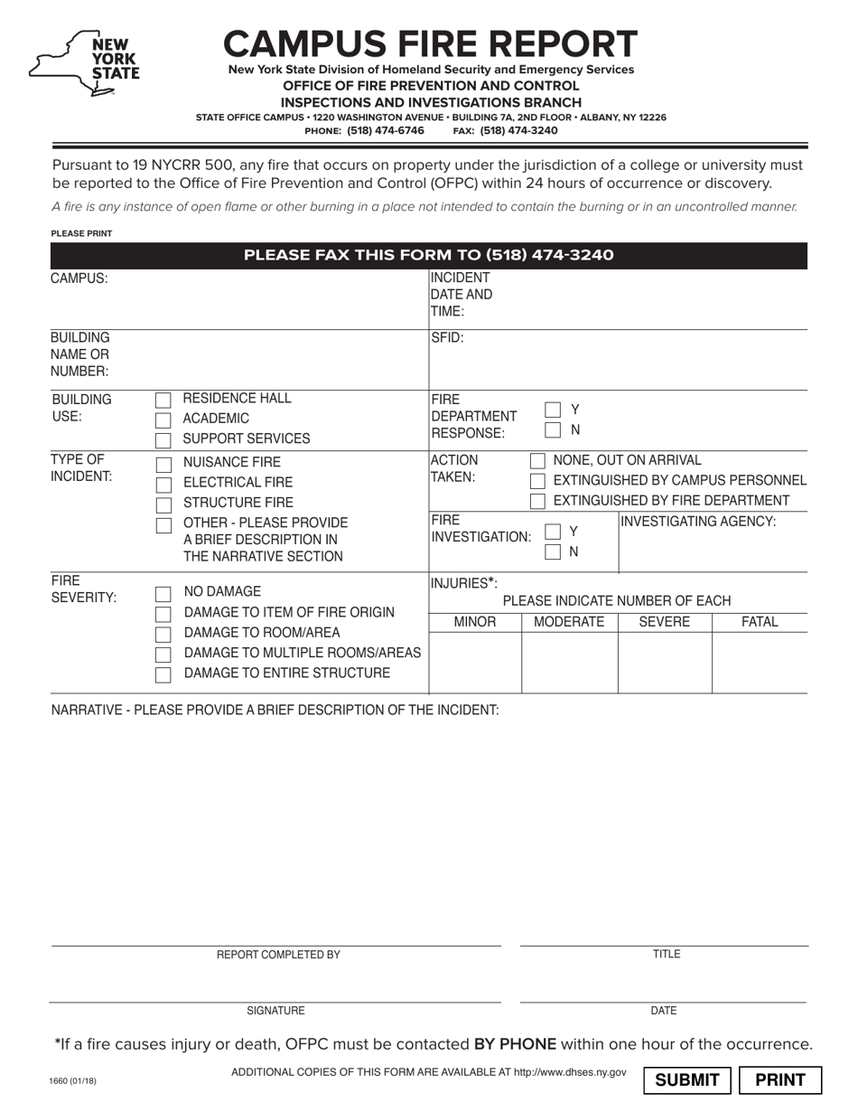 Form 1660 Campus Fire Report - New York, Page 1