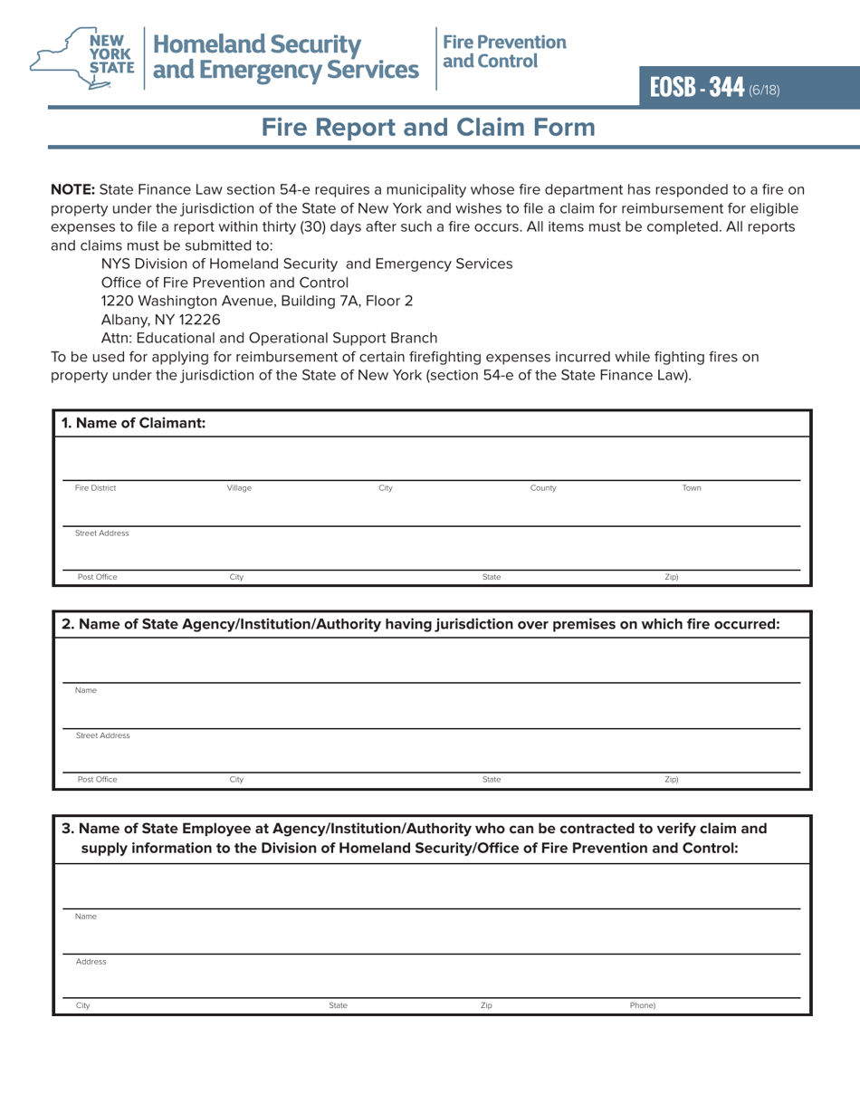 Form EOSB-344 Fire Report and Claim Form - New York, Page 1