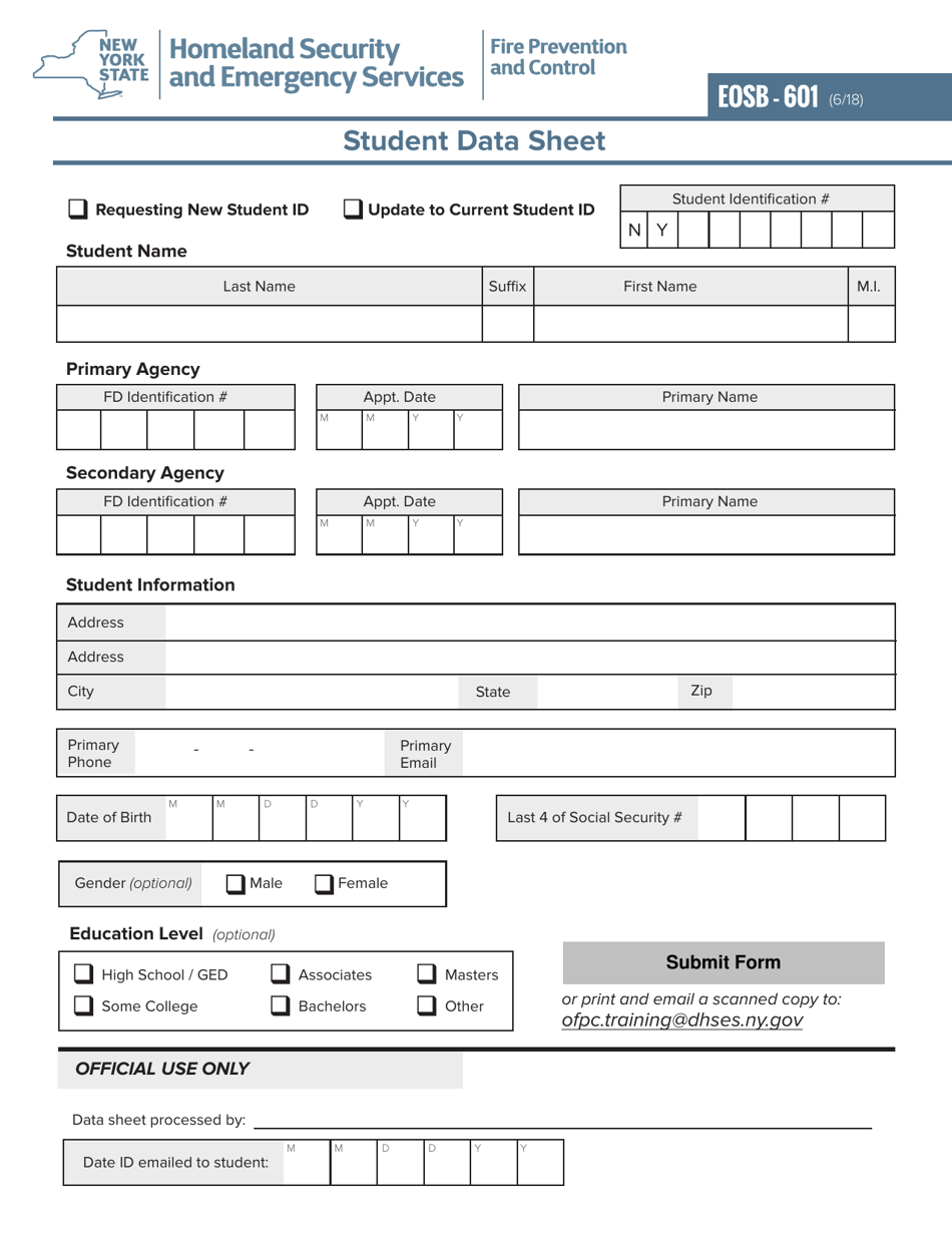 Form EOSB-601 Student Data Sheet - New York, Page 1