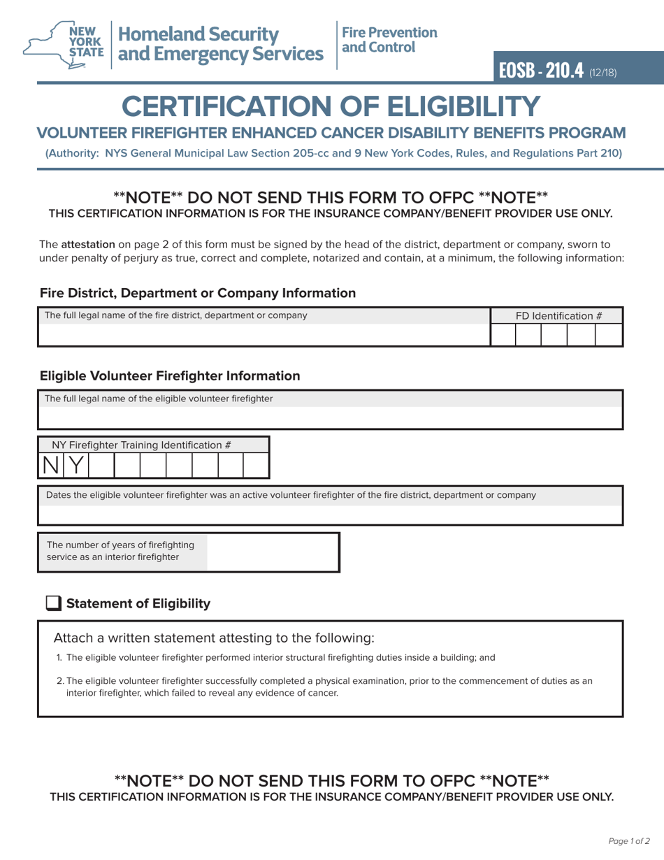 Form EOSB-210.4 Certification of Eligibility - New York, Page 1