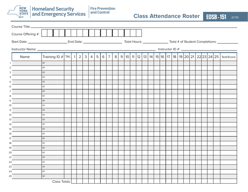 Form EOSB-151 Class Attendance Roster - New York