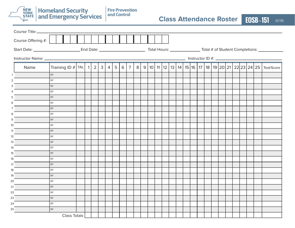 Form EOSB-151 Class Attendance Roster - New York, Page 1