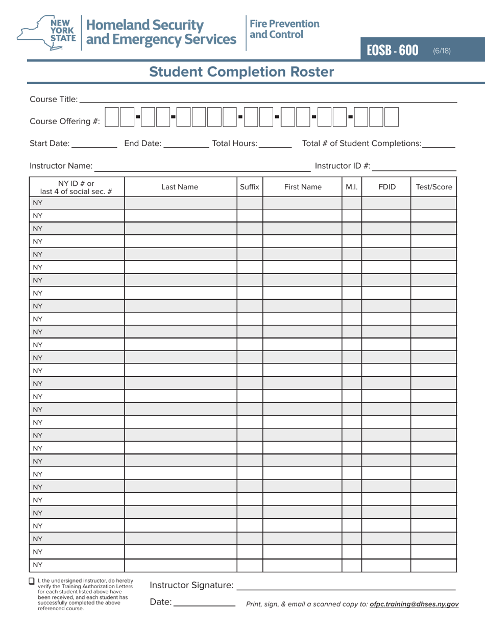 Form EOSB-600 Student Completion Roster - New York, Page 1