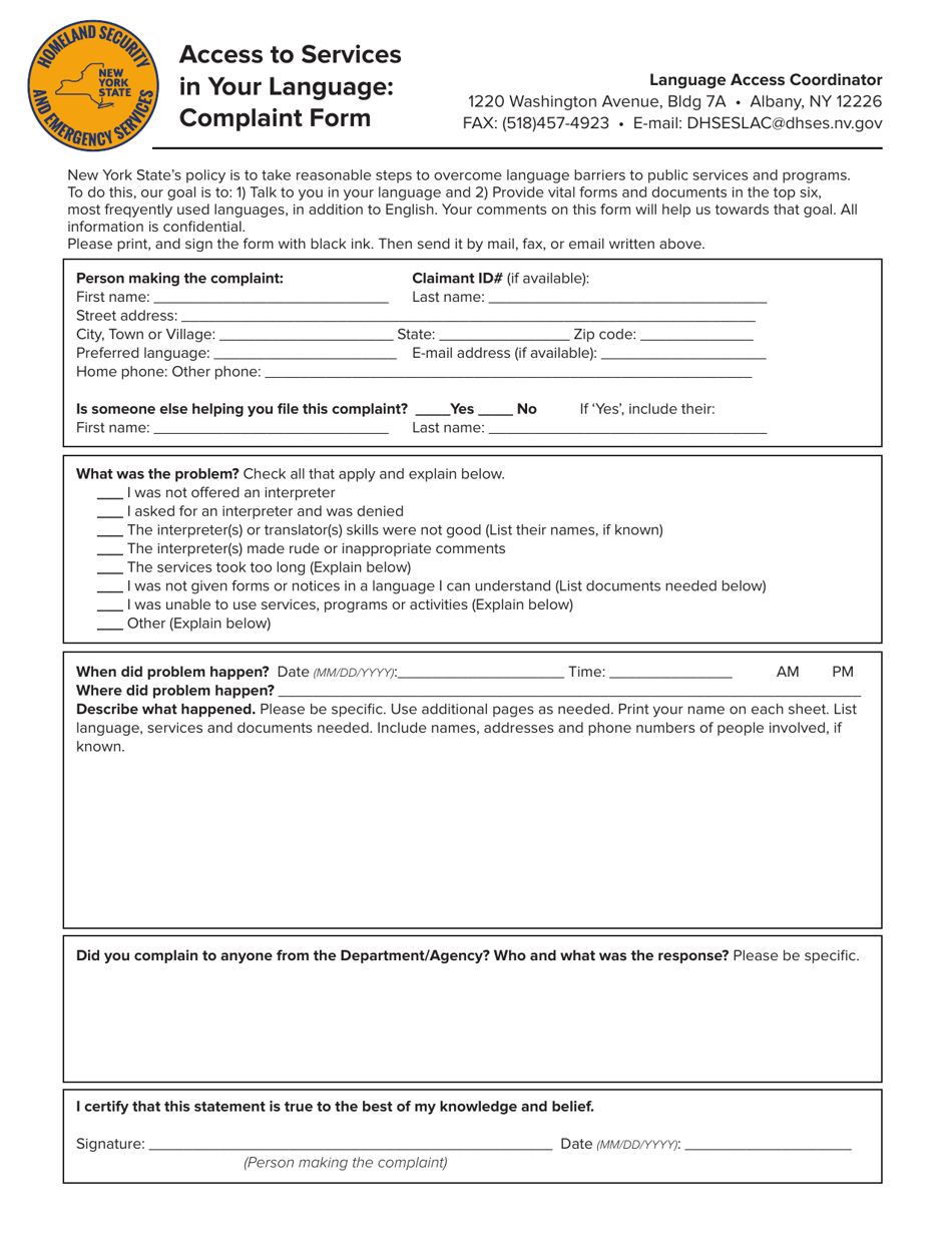 New York Access to Services in Your Language: Complaint Form - Fill Out ...