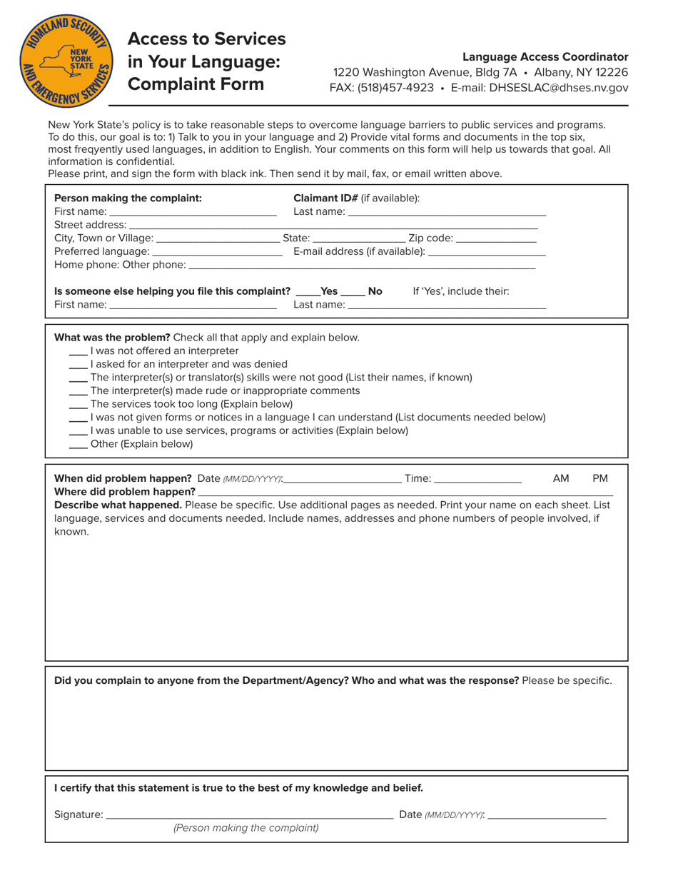 Access to Services in Your Language: Complaint Form - New York, Page 1