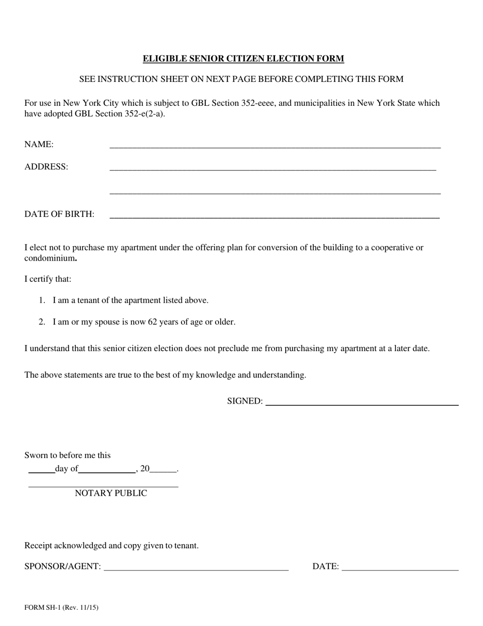 Form SH-1 Download Printable PDF or Fill Online Eligible Senior Citizen ...