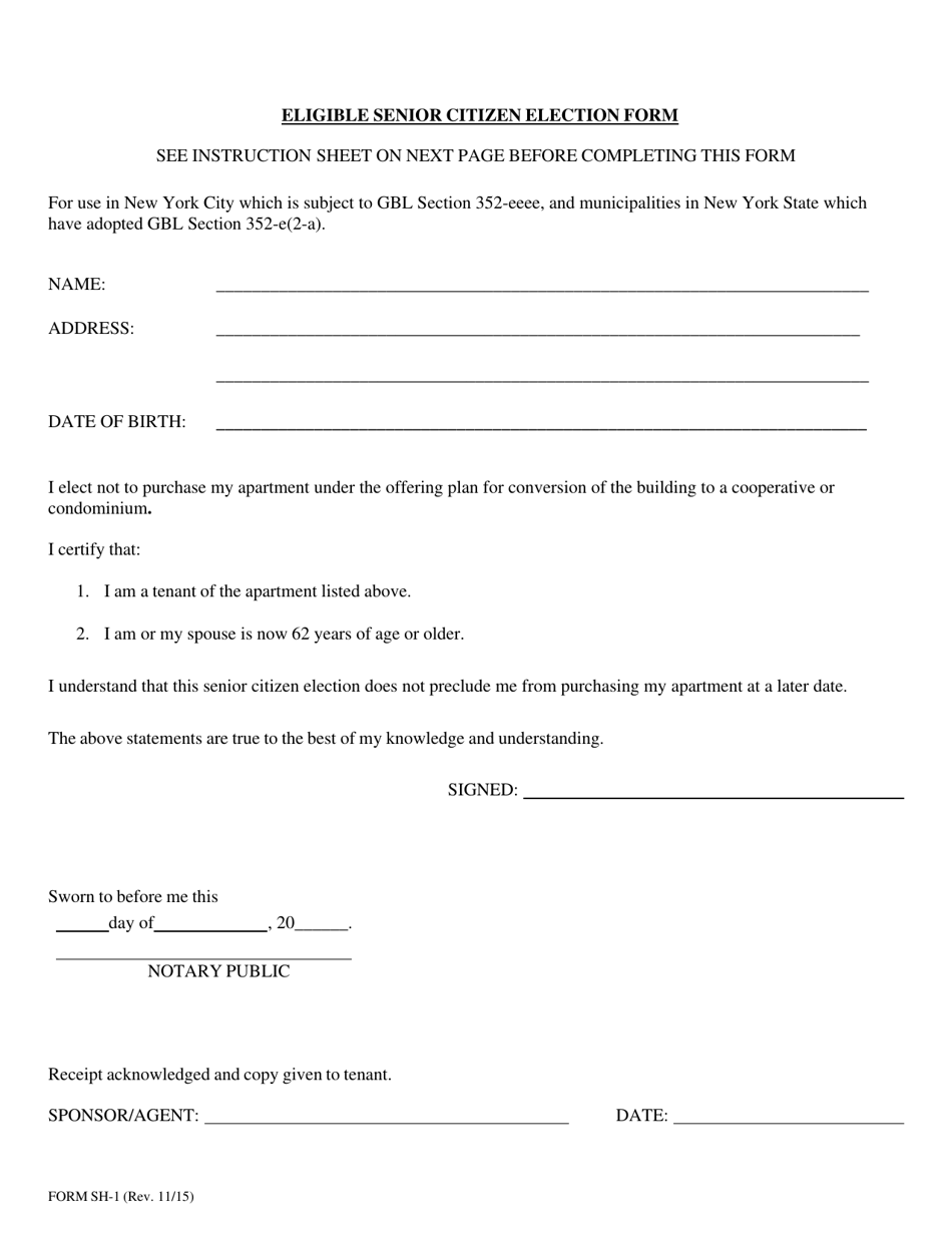 Form SH-1 Eligible Senior Citizen Election Form - New York, Page 1