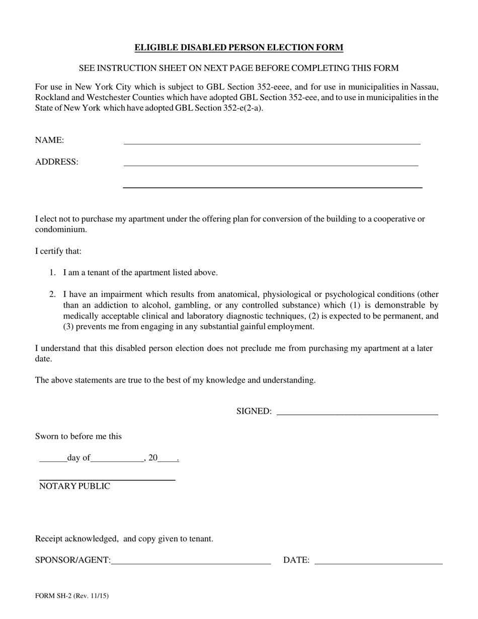 Form SH-2 Eligible Disabled Person Election Form - New York, Page 1