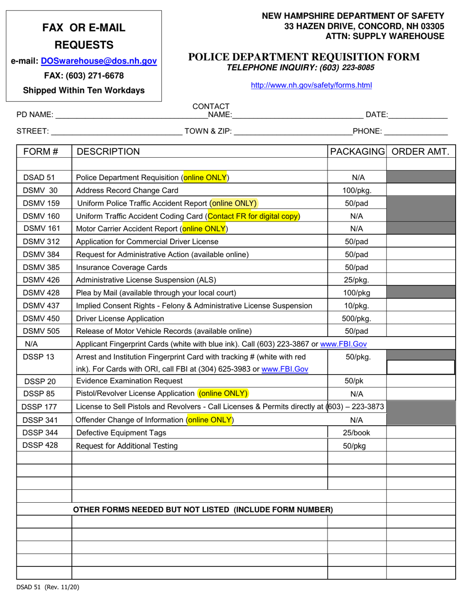 Form DSAD51 Police Department Requisition Form - New Hampshire, Page 1