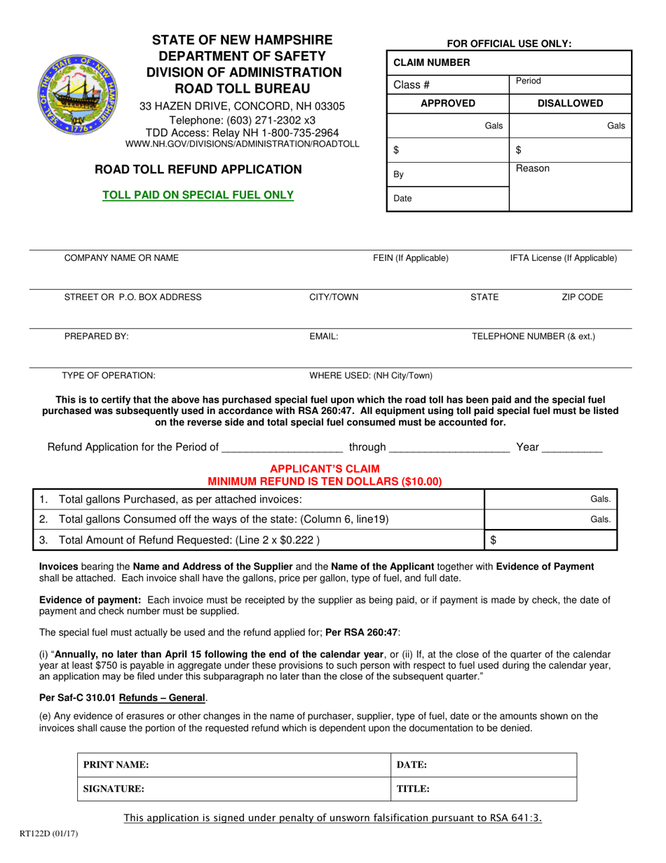 Form RT122D Road Toll Refund Application - Toll Paid on Special Fuel Only - New Hampshire, Page 1