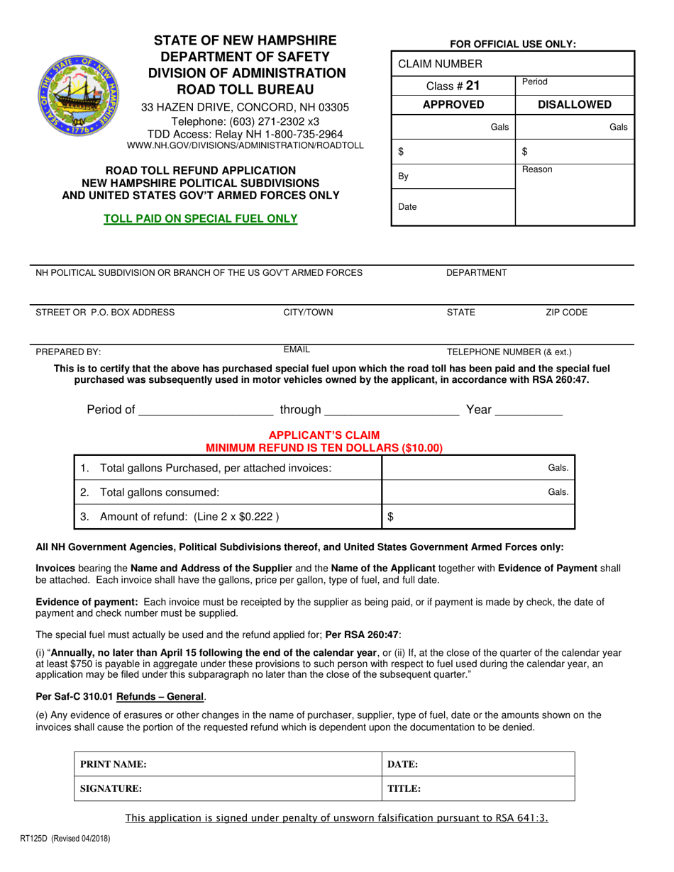 Form RT125D Refund Application Municipal and County - Toll Paid Diesel Only - New Hampshire, Page 1