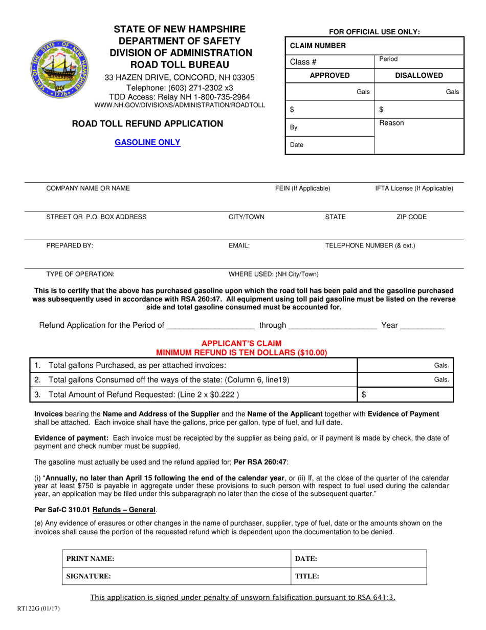 Form RT122G Road Toll Refund Application - Gasoline Only - New Hampshire, Page 1