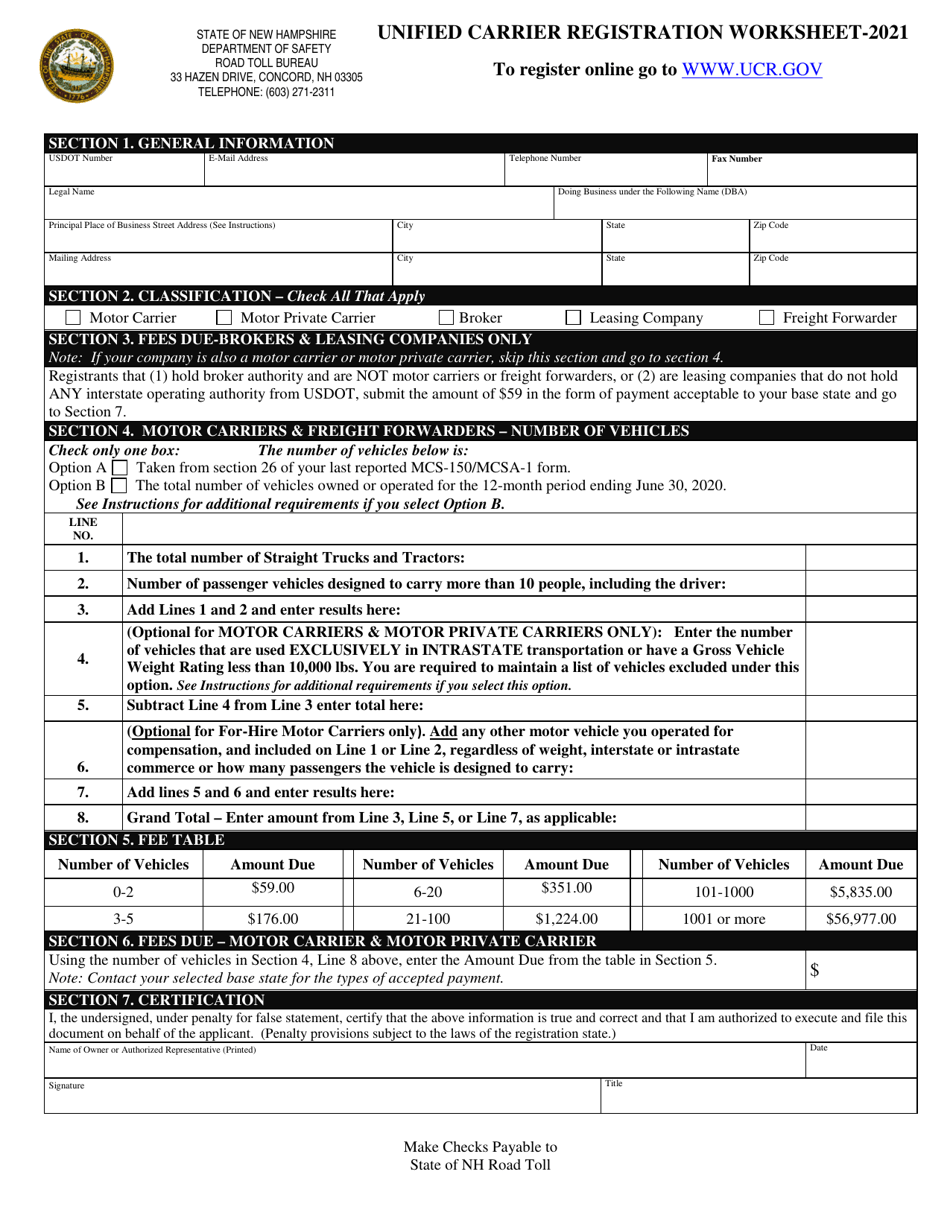 Unified Carrier Registration Worksheet - New Hampshire, Page 1