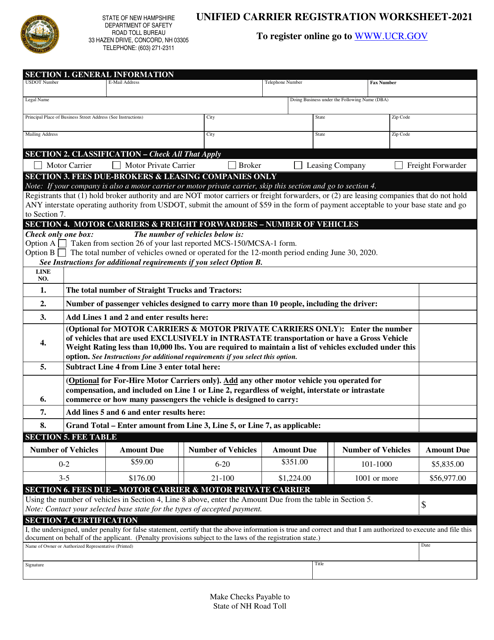 Unified Carrier Registration Worksheet - New Hampshire Download Pdf