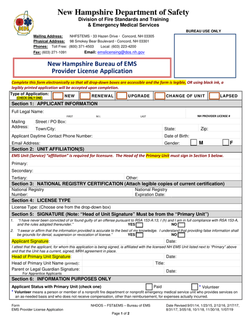 EMS Provider License Application - New Hampshire Download Pdf