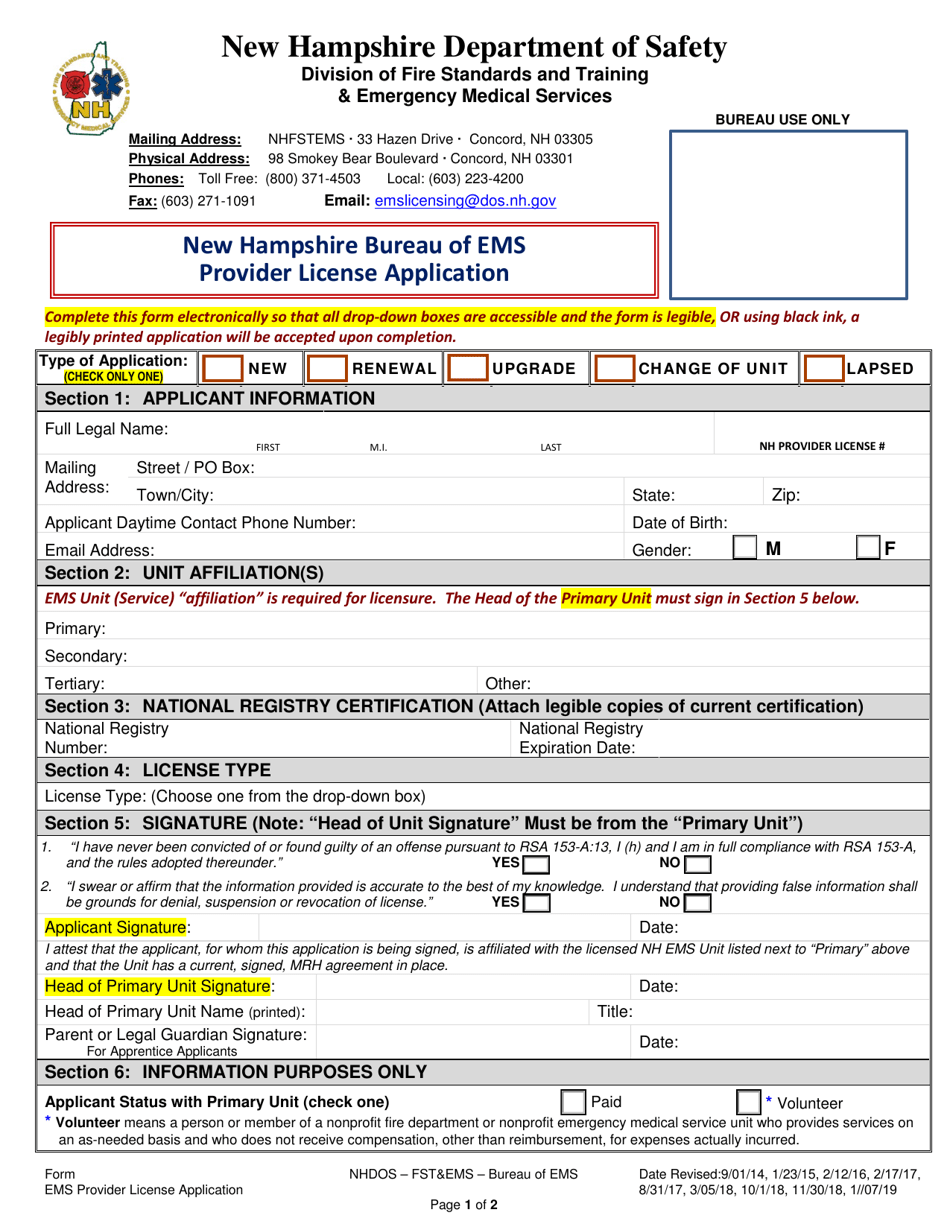 EMS Provider License Application - New Hampshire, Page 1