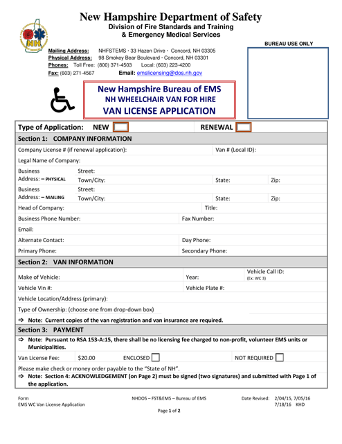 Wheelchair Van-For-Hire Van Application - New Hampshire