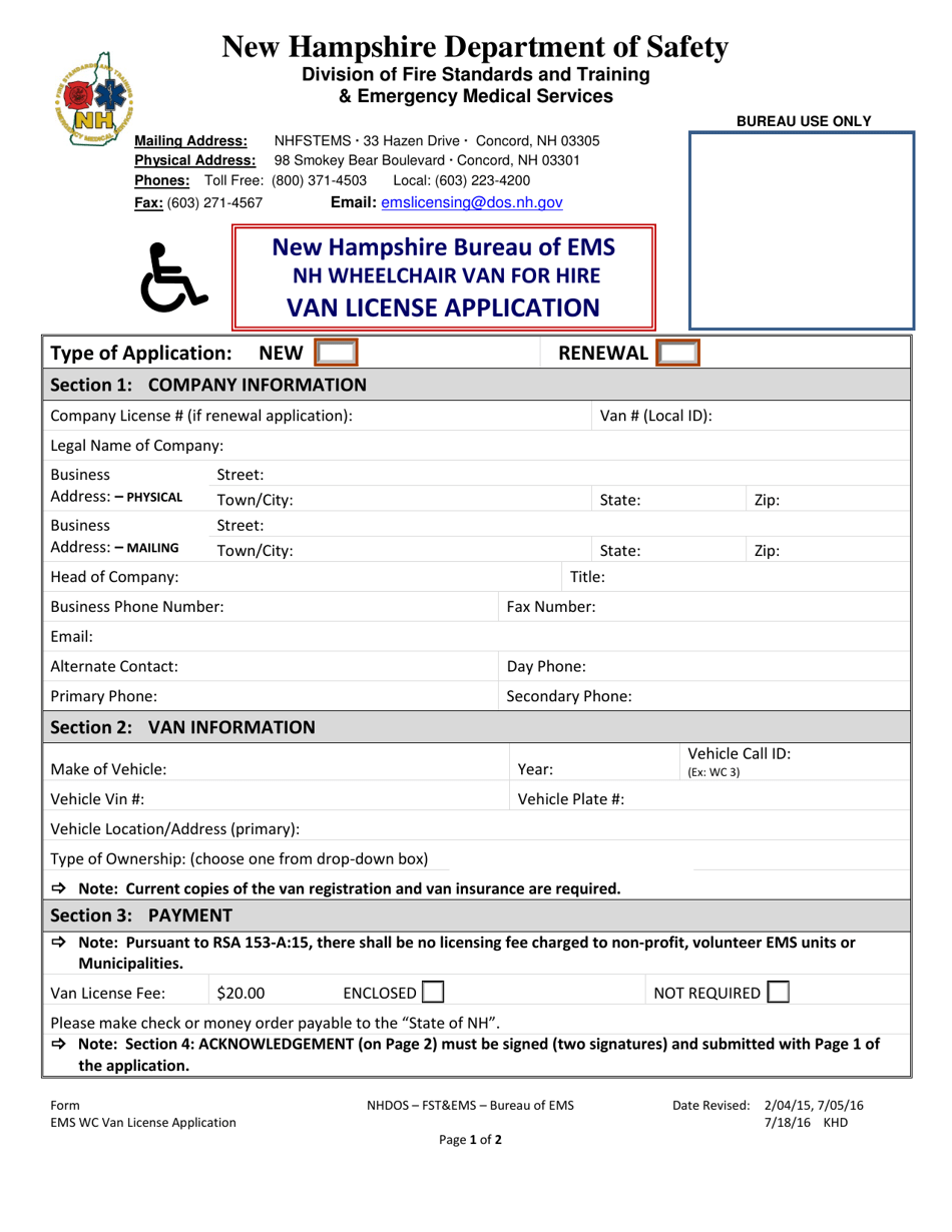 New Hampshire Wheelchair VanForHire Van Application Fill Out, Sign