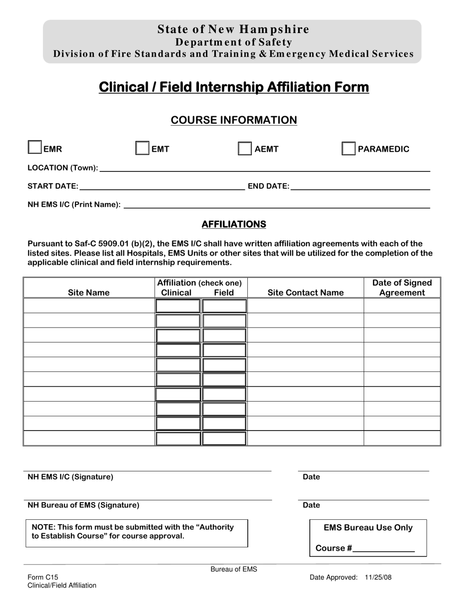 Form C15 Clinical / Field Internship Affiliation Form - New Hampshire, Page 1