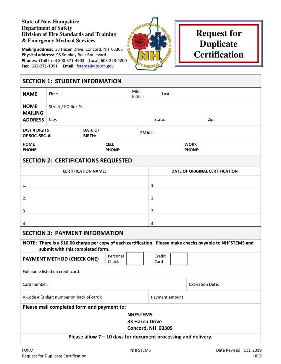 Request for Duplicate Certification - New Hampshire, Page 1