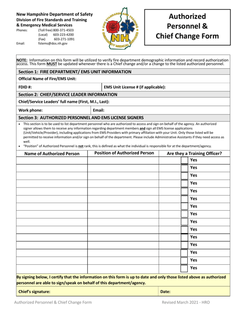 Authorized Personnel & Chief Change Form - New Hampshire