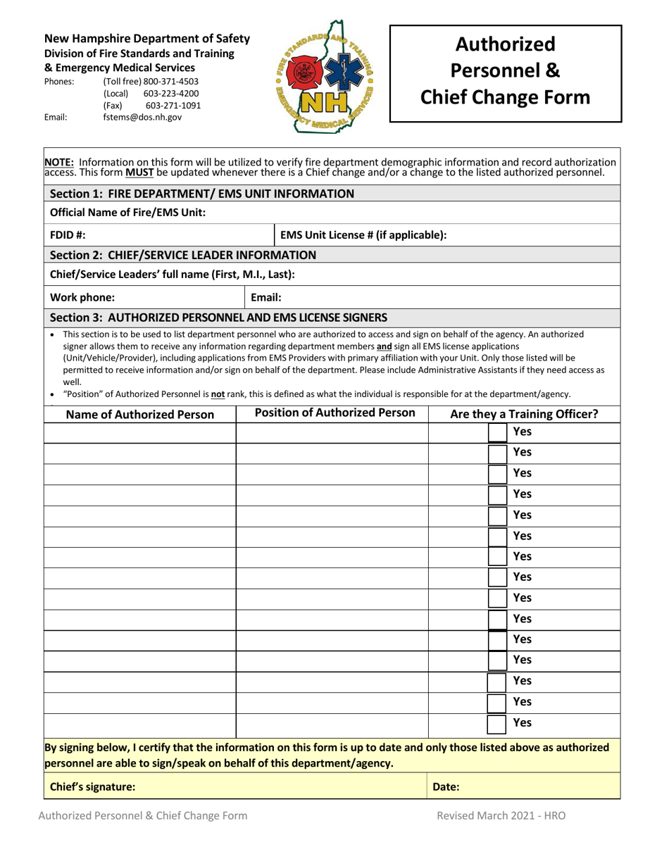 Authorized Personnel  Chief Change Form - New Hampshire, Page 1