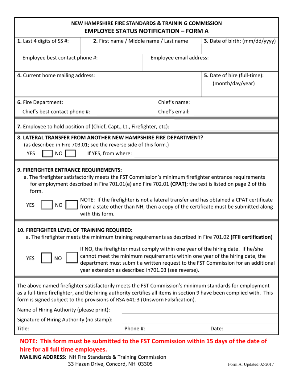 Form A Employee Status Notification - New Hampshire, Page 1