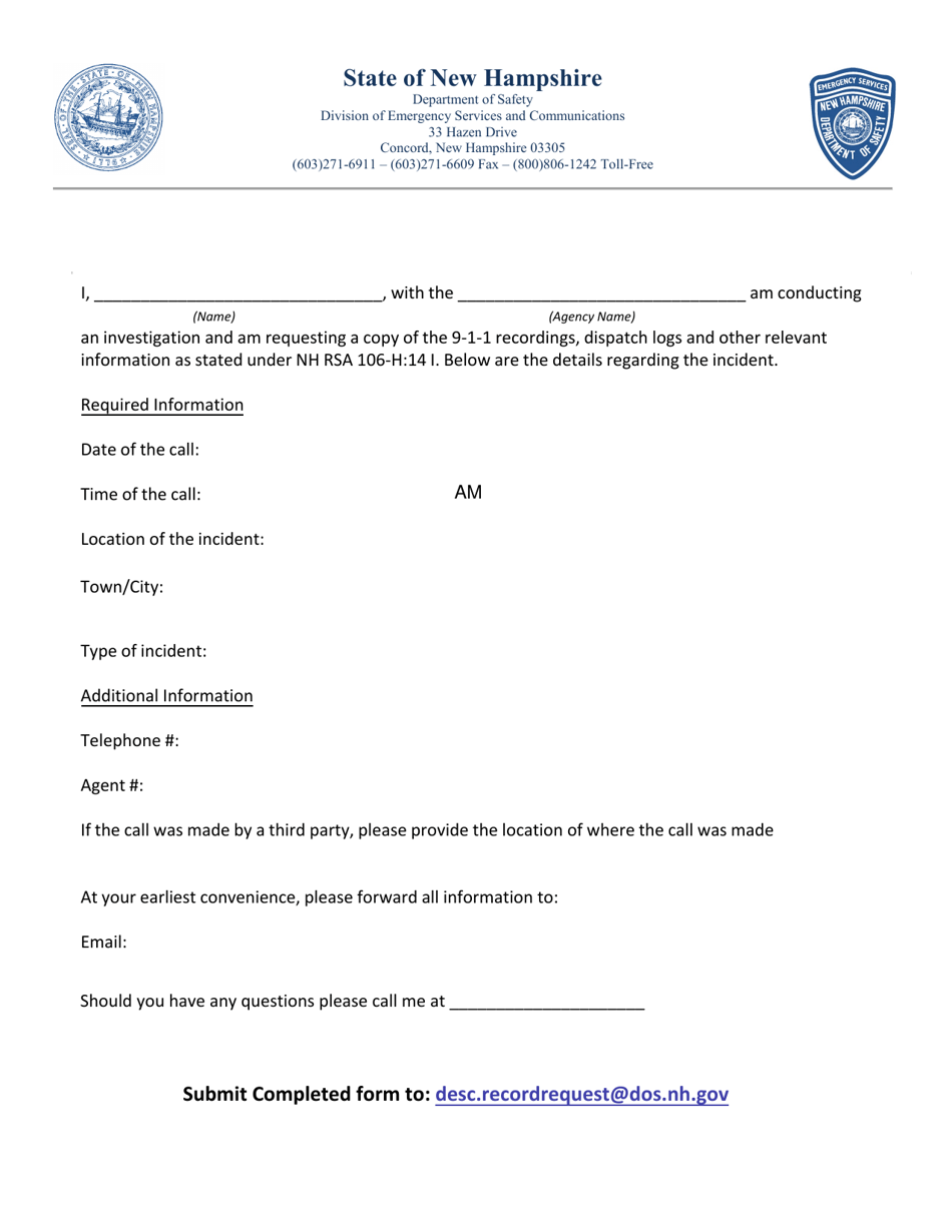 9-1-1 Record Request Form - New Hampshire, Page 1