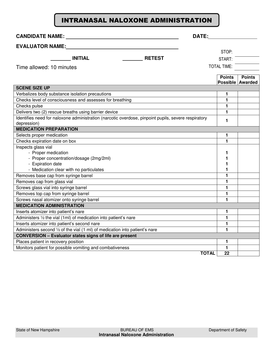 Intranasal Naloxone Administration Skill Sheet - New Hampshire, Page 1