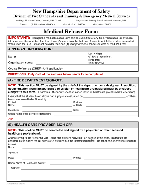 Medical Release Form - New Hampshire Download Pdf