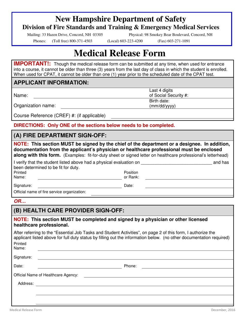 Medical Release Form - New Hampshire, Page 1