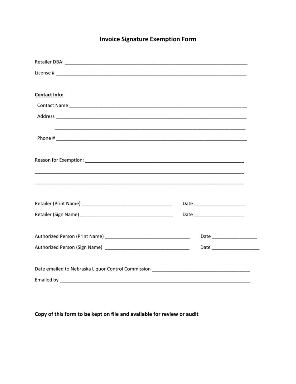 Invoice Signature Exemption Form - Nebraska, Page 1