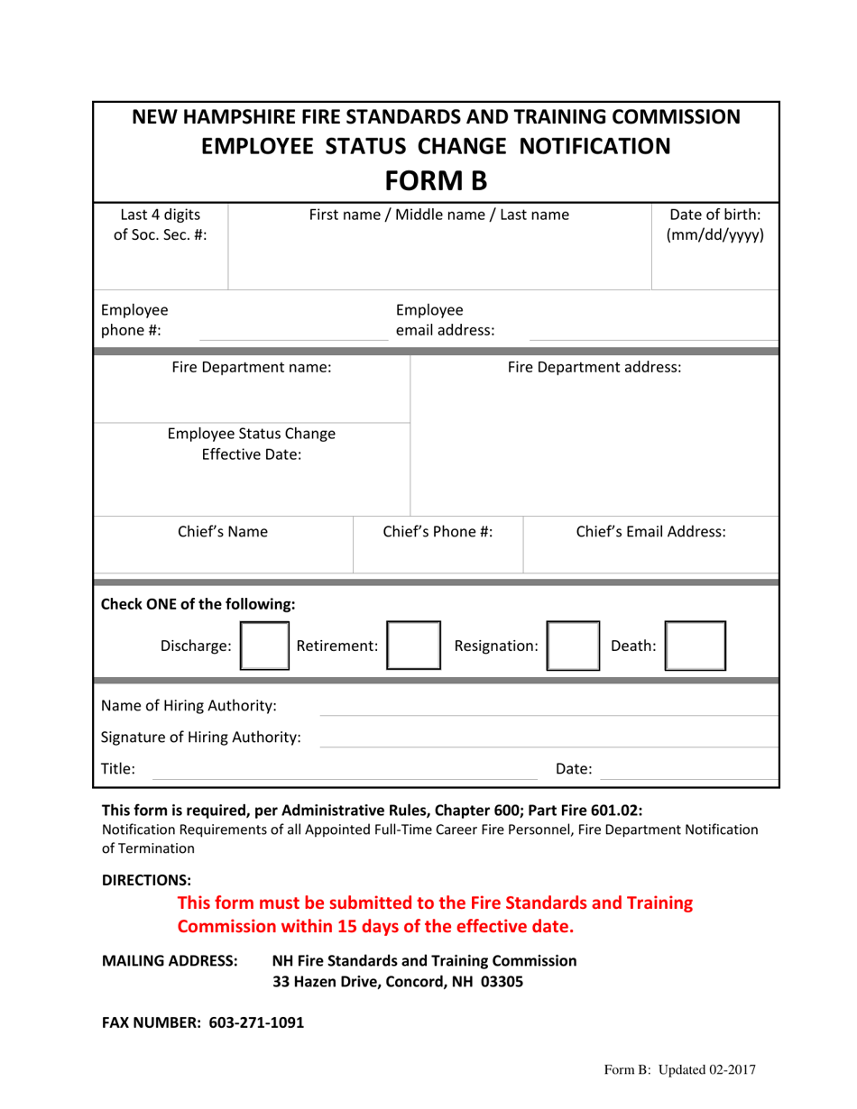 Form B Employee Status Change Notification - New Hampshire, Page 1