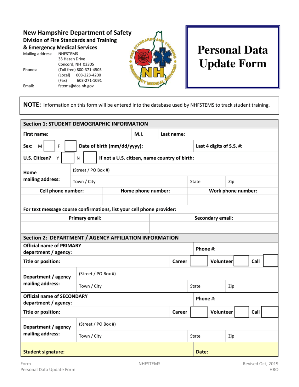 Personal Data Update Form - New Hampshire, Page 1