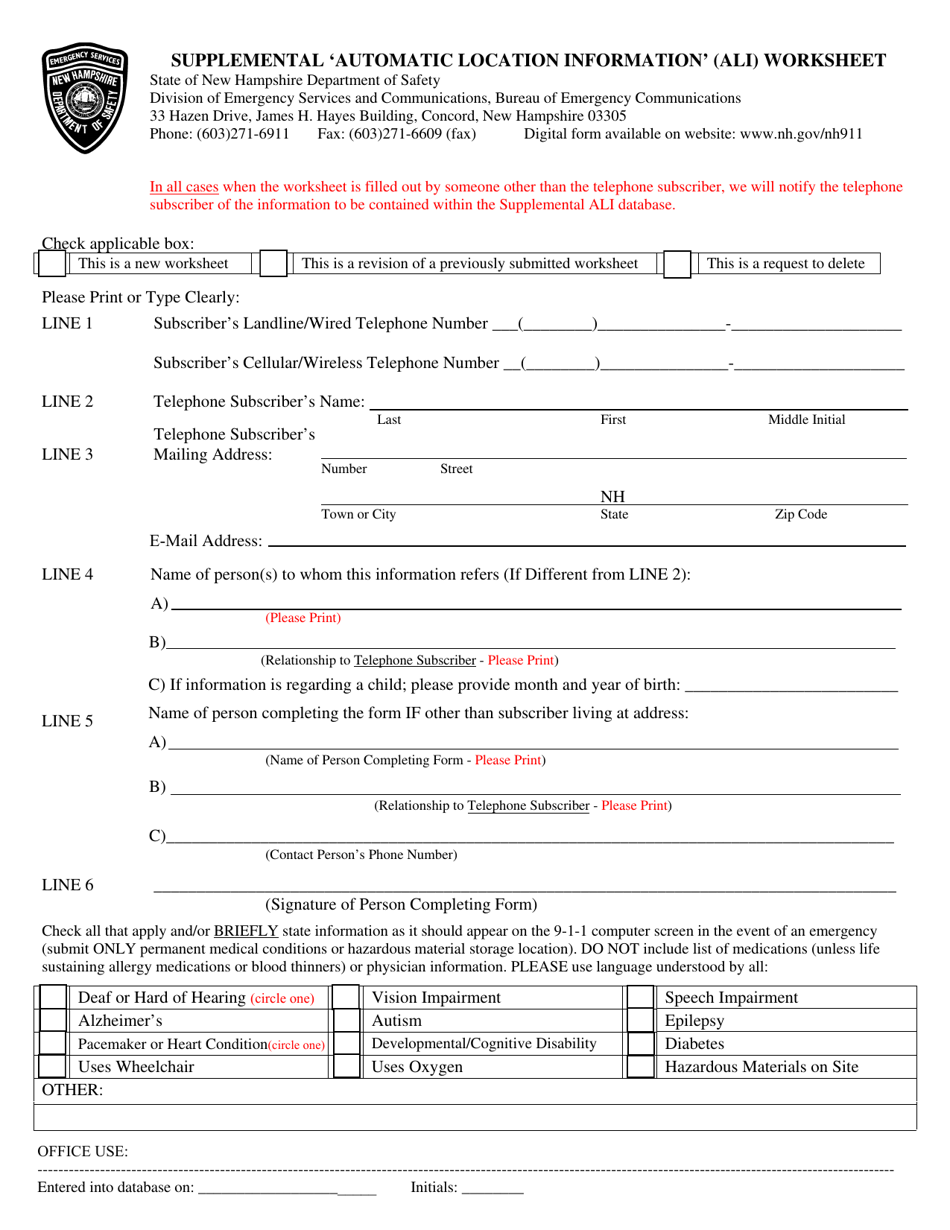 Supplemental automatic Location Information (Ali) Worksheet - New Hampshire, Page 2