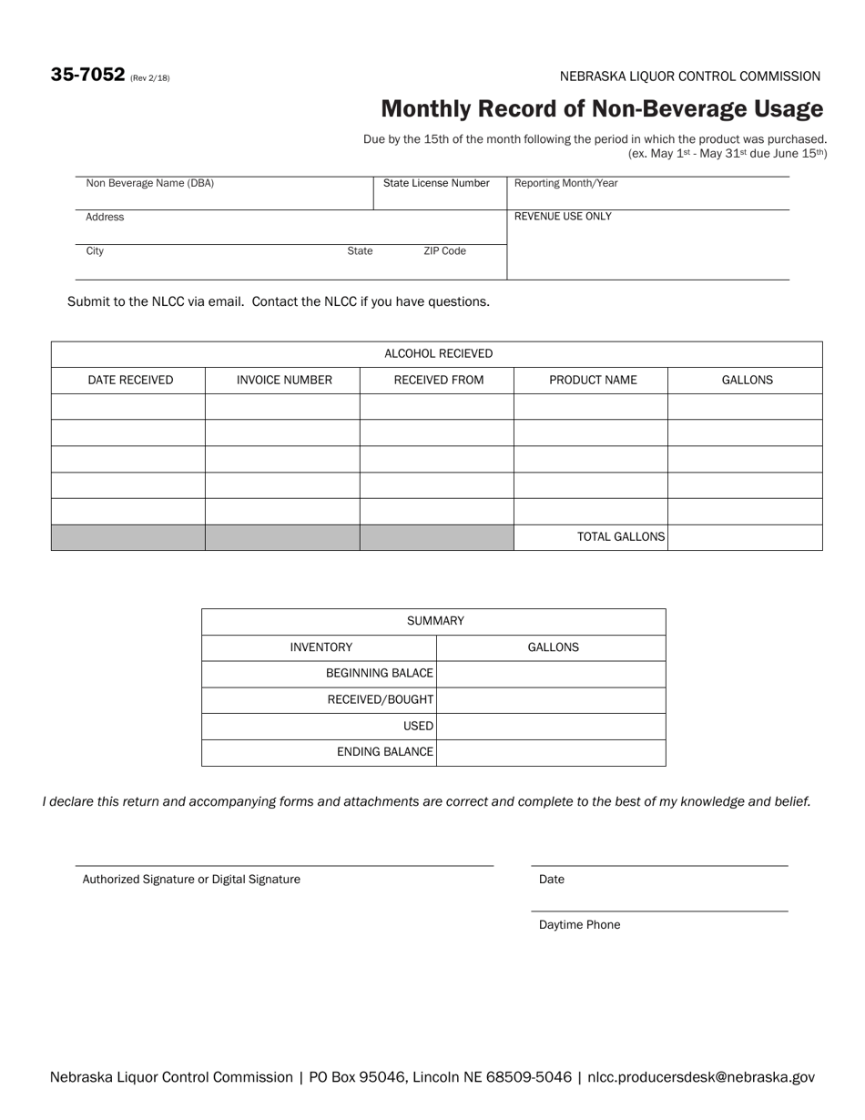 Form 35-7052 Monthly Record of Non-beverage Usage - Nebraska, Page 1