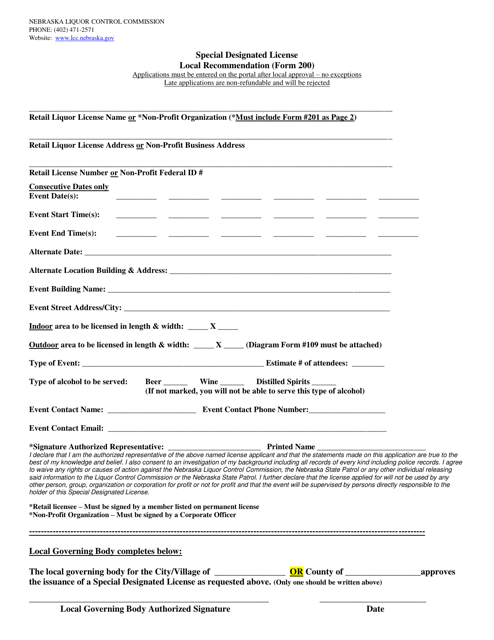 Form 200 Special Designated License Local Recommendation - Nebraska