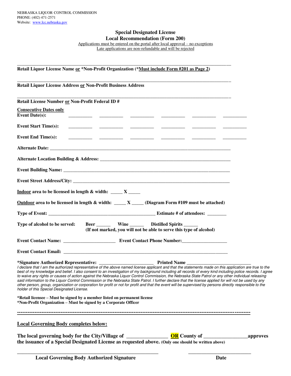 Form 200 Special Designated License Local Recommendation - Nebraska, Page 1