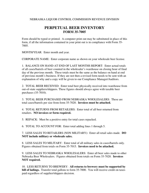 Instructions for Form 35-7005 Perpetual Beer Inventory - Nebraska