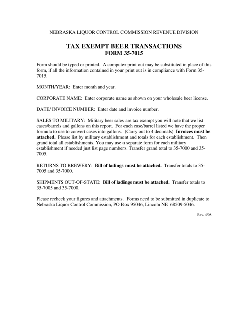 Instructions for Form 35-7015 Tax Exempt Beer Transactions - Nebraska