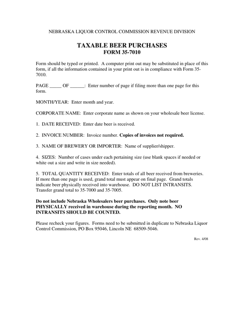 Instructions for Form 35-7010 Taxable Beer Purchases - Nebraska