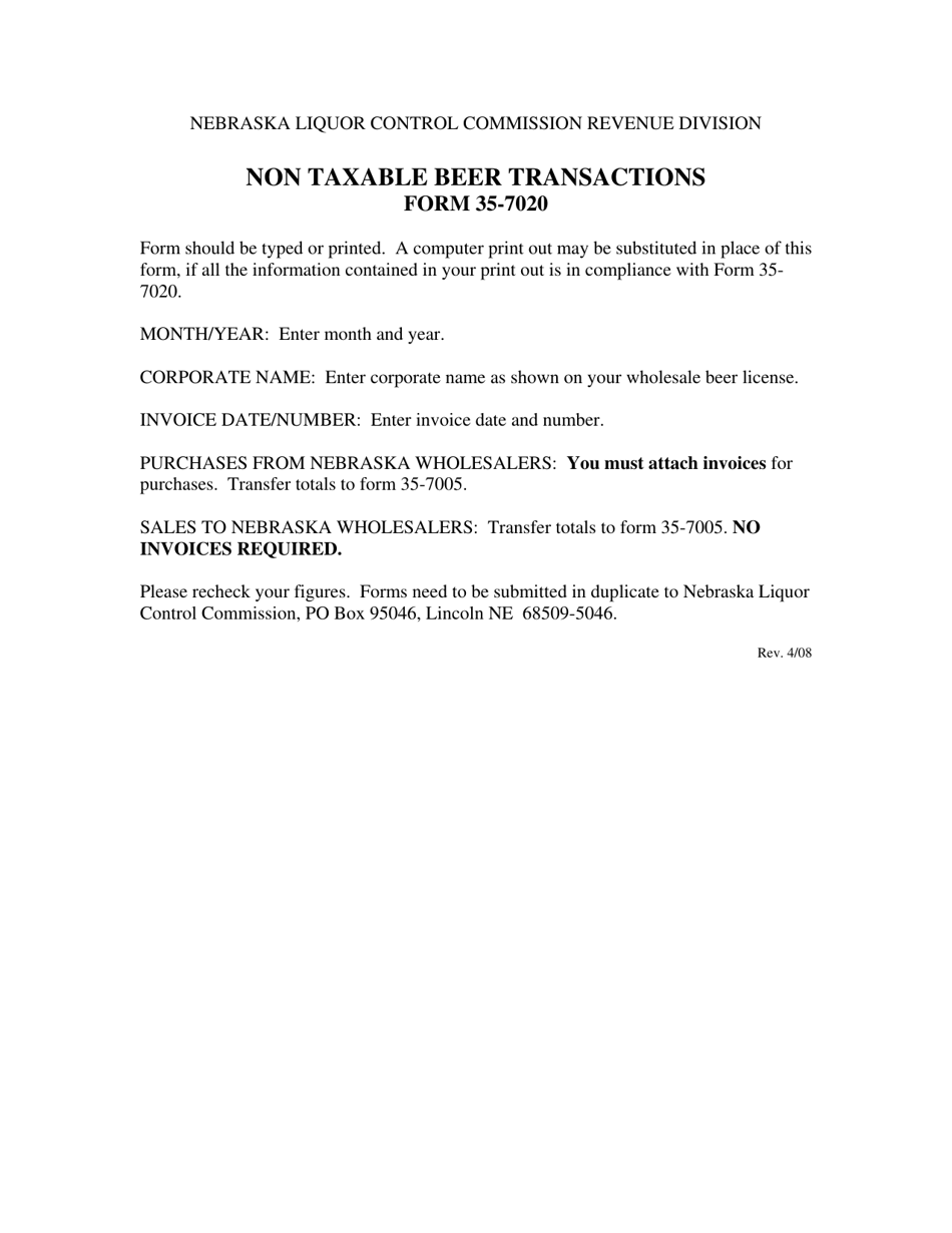 Instructions for Form 35-7020 Non Taxable Beer Transactions - Nebraska, Page 1