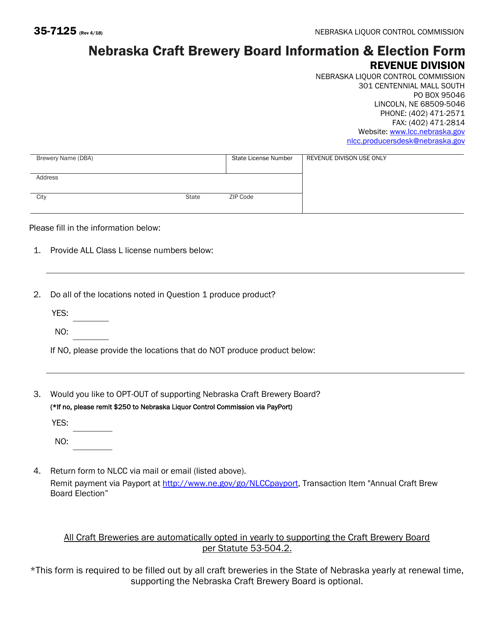 Form 35-7125 Nebraska Craft Brewery Board Information & Election Form - Nebraska