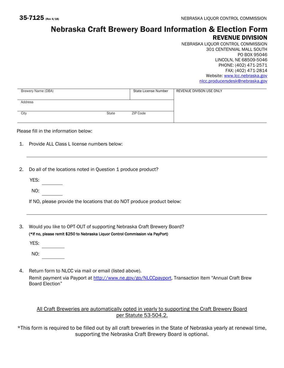 Form 35-7125 Nebraska Craft Brewery Board Information  Election Form - Nebraska, Page 1