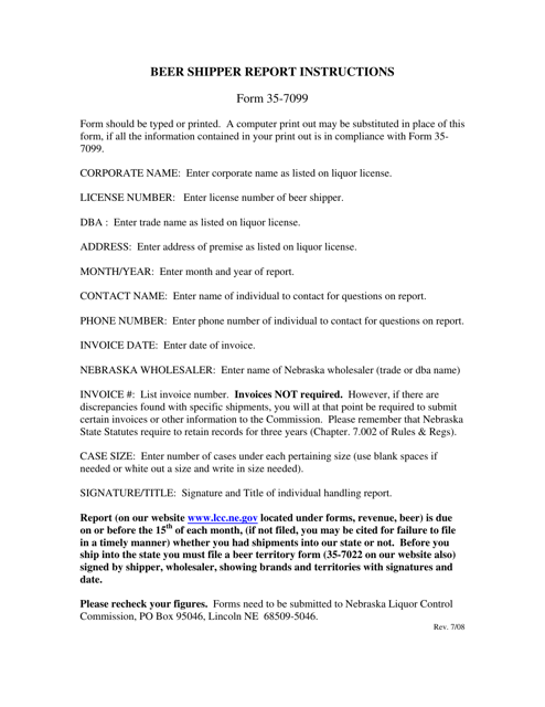 Instructions for Form 35-7099 Beer Shipper Report - Nebraska