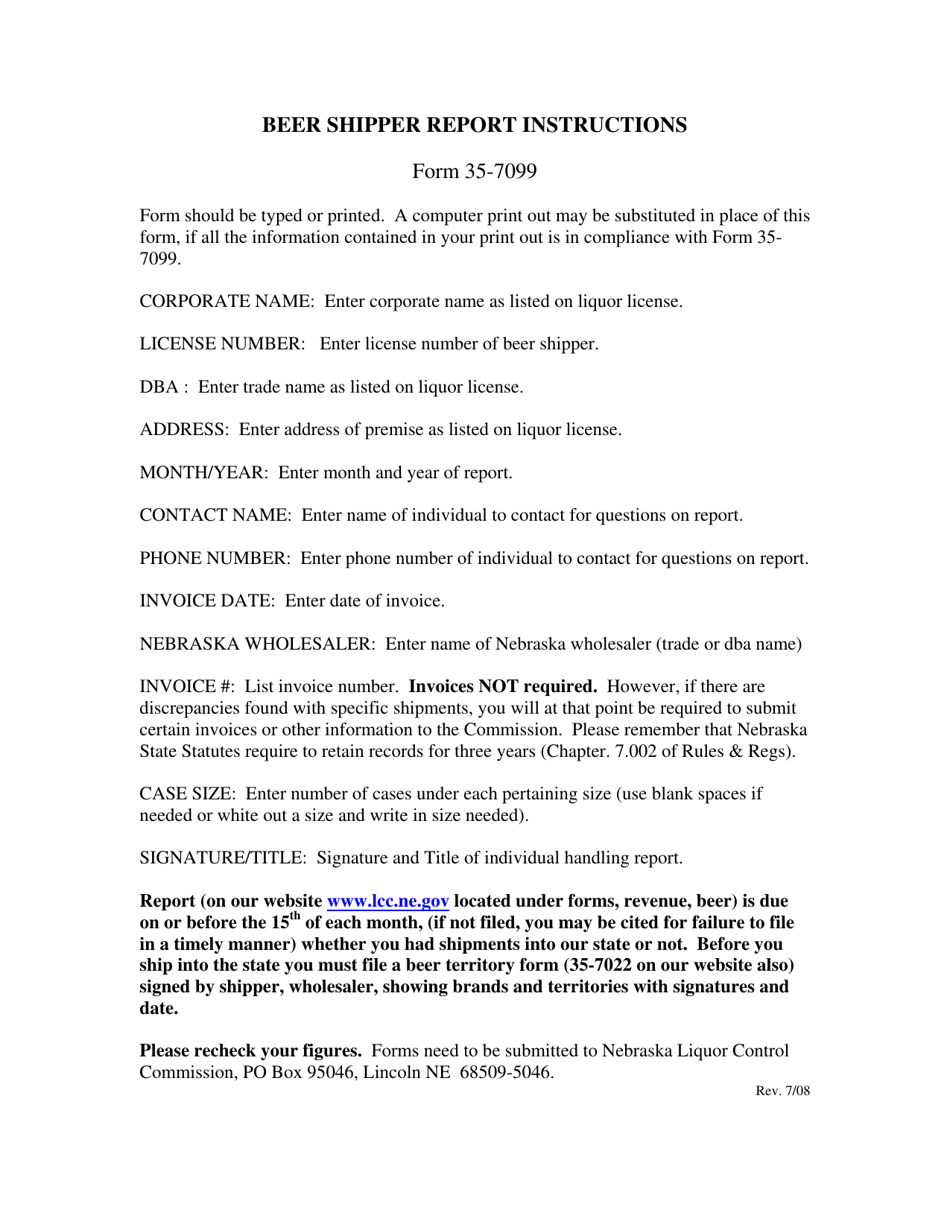 Instructions for Form 35-7099 Beer Shipper Report - Nebraska, Page 1