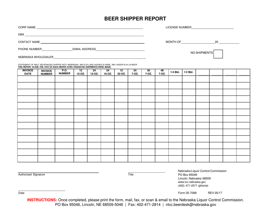 Form 35-7099 Beer Shipper Report - Nebraska, Page 1