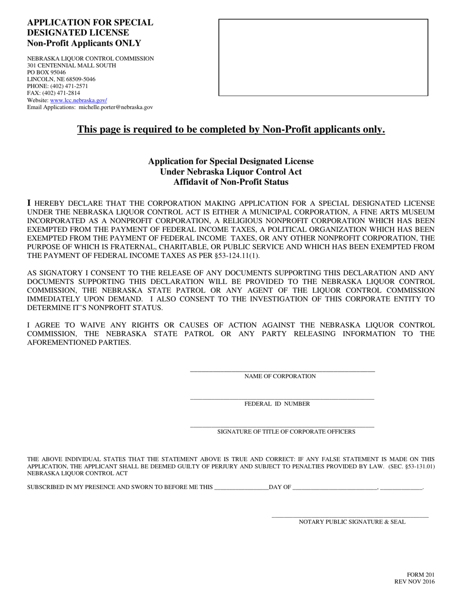 Form 201 Application for Special Designated License Under Nebraska Liquor Control Act Affidavit of Non-profit Status - Nebraska, Page 1