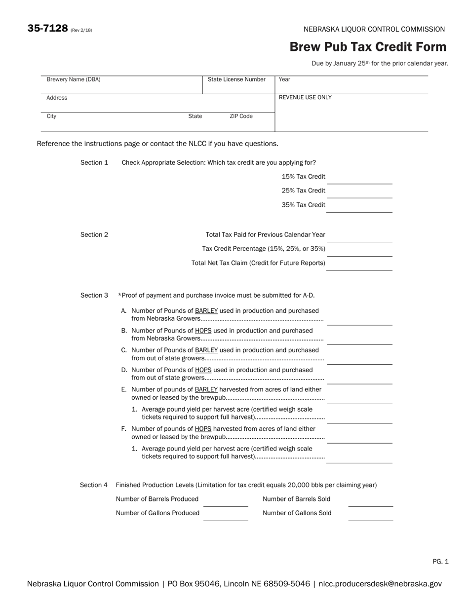 Form 35-7128 Brew Pub Tax Credit Form - Nebraska, Page 1